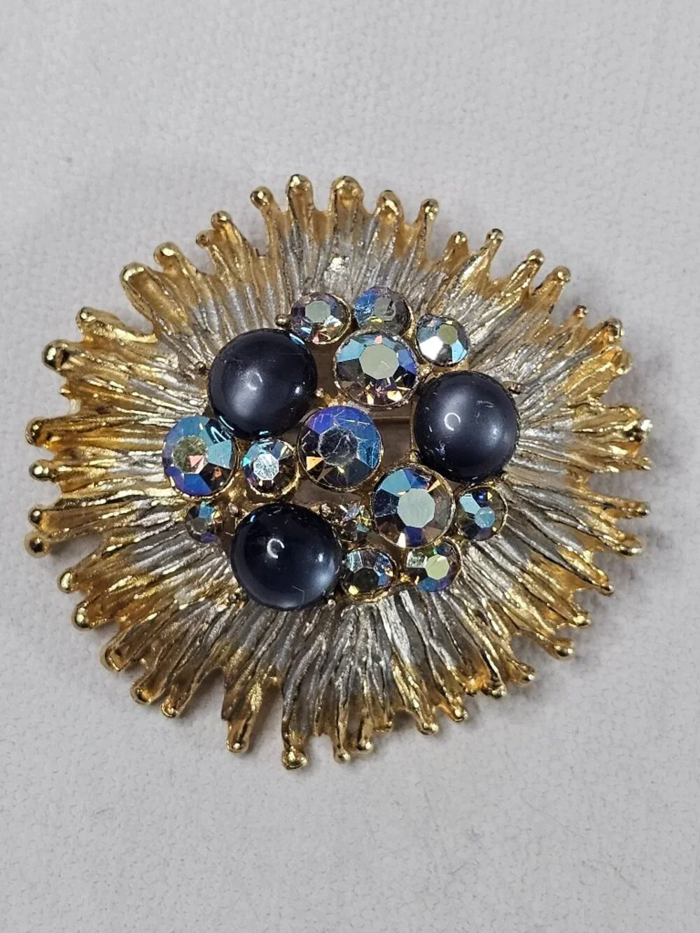 Gold Silver Tone Dome Starburst Brooch Flower Cluster AB Gray Cat Eye Unmarked